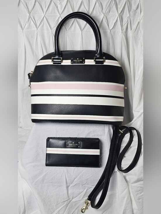 kate spade Handbags - kate spade Karli Grove Street Black & Blush Pink Striped Dome Satchel & Wallet